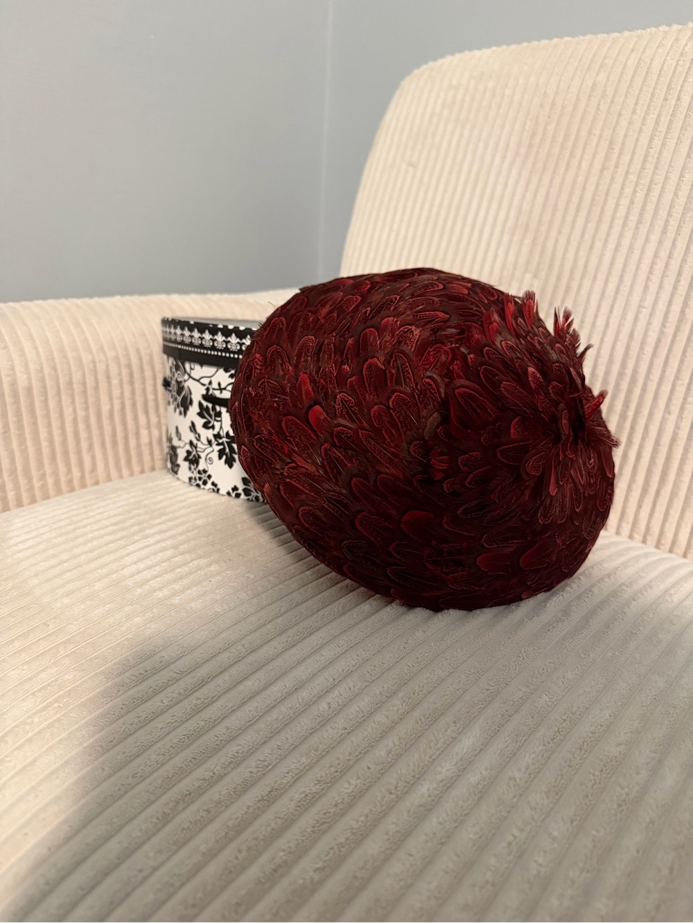 Elegant Burgundy Feather Pillbox Hat